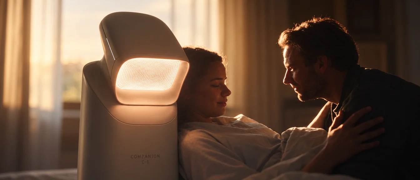 PROVIDENCE — film still: a care companion beside a bed