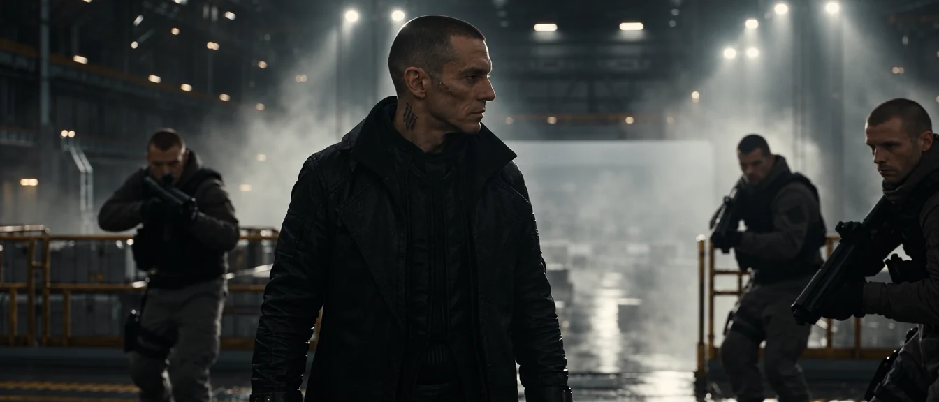 PROVIDENCE — film still: a man in black in a misty hangar